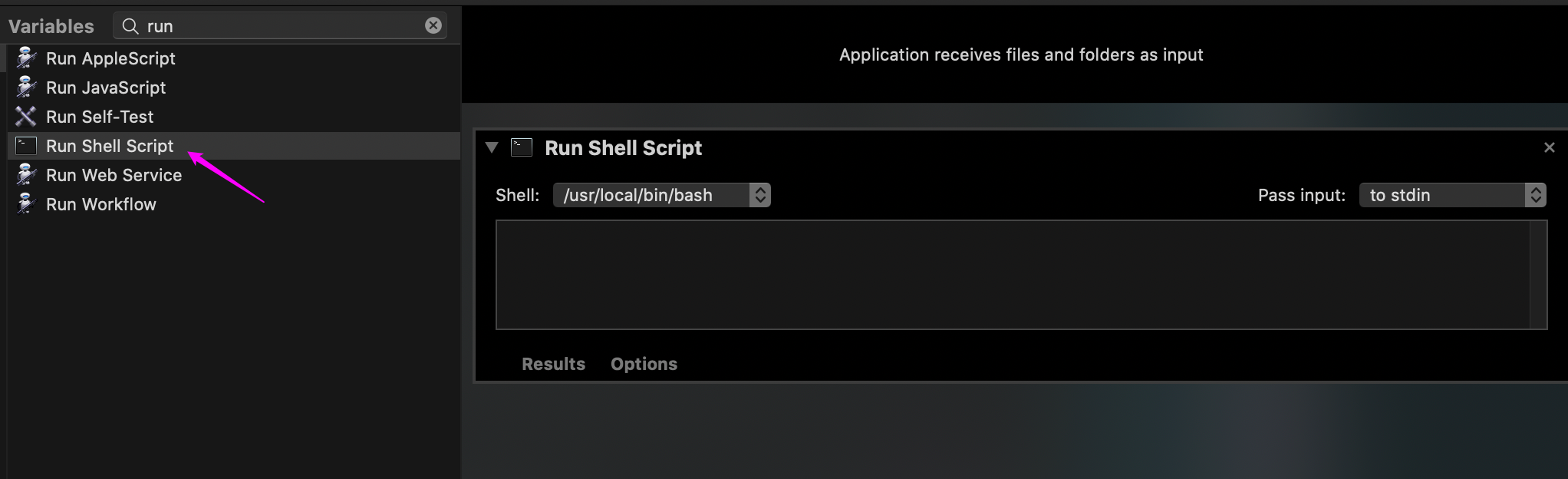 Automator.app » select Run Shell Script